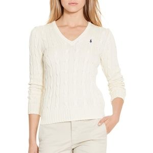 Ralph Lauren Sport V Neck Cable Knit Cream Sweater